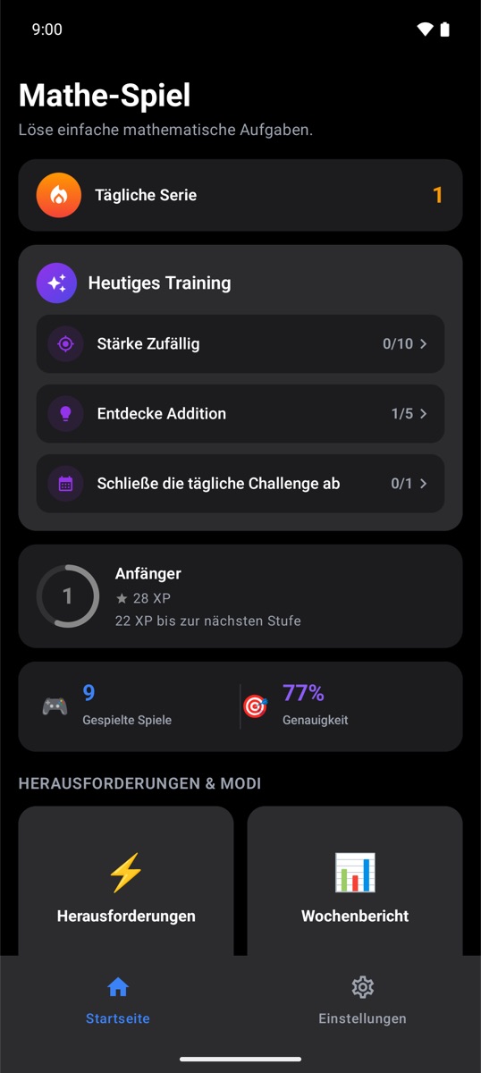 Startbildschirm von Trivia Math One mit täglicher Serie und heutigem Training