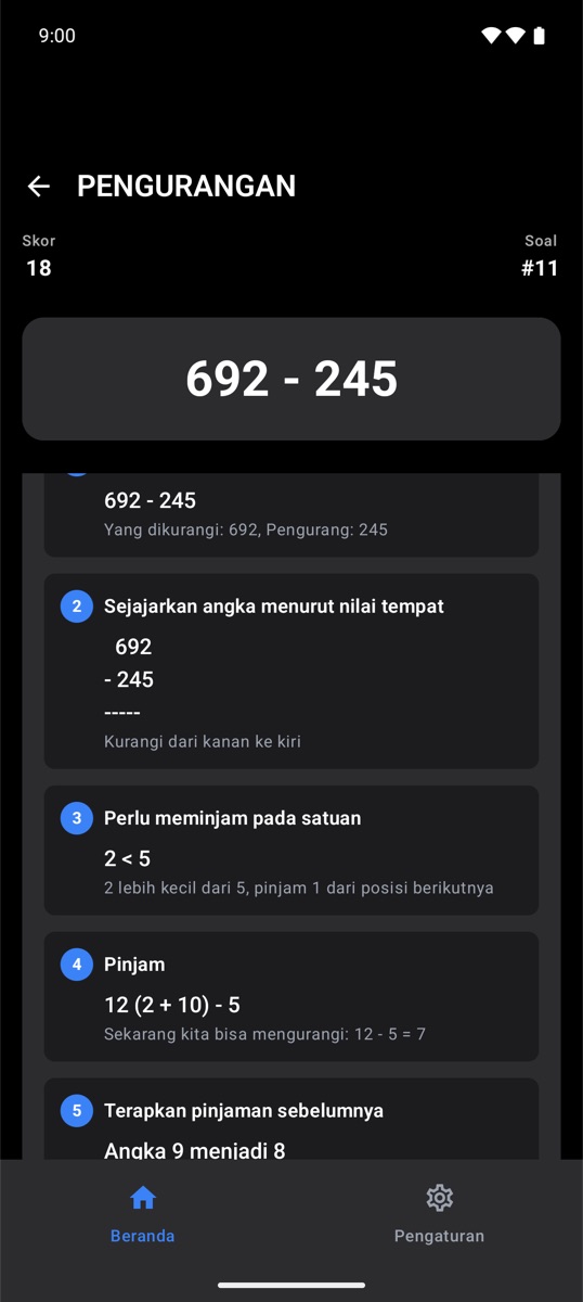 Penjelasan langkah demi langkah sebuah soal pengurangan