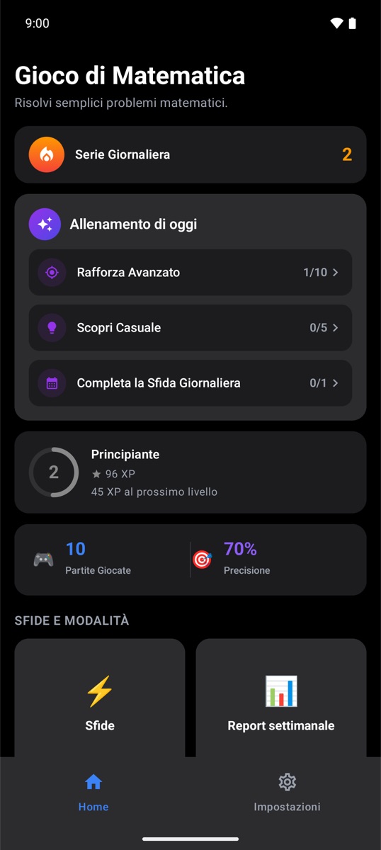 Schermata iniziale di Trivia Math One con serie giornaliera e allenamento di oggi
