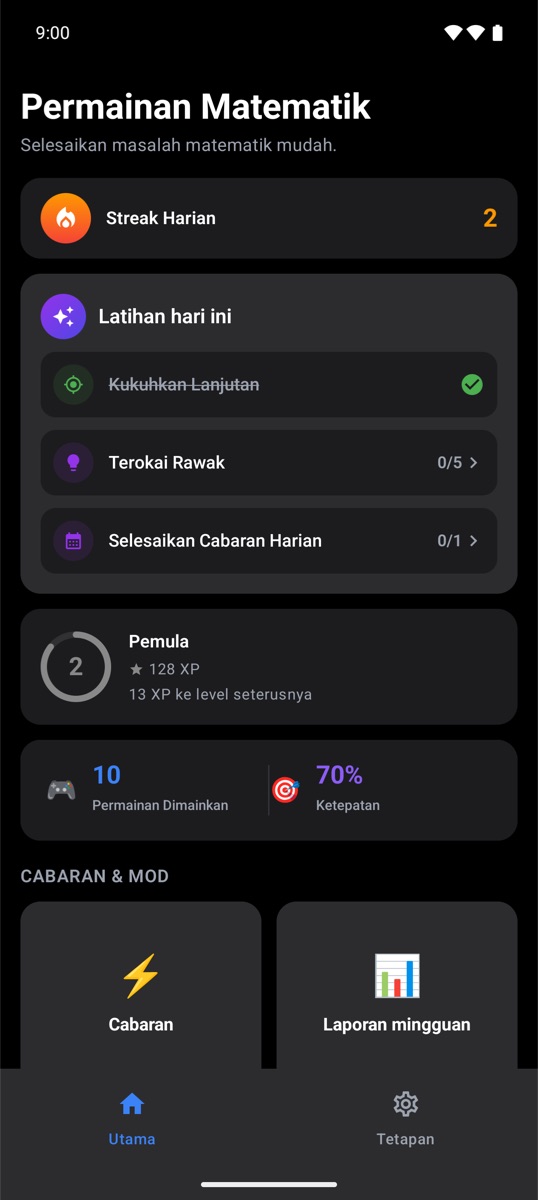 Skrin utama Trivia Math One dengan rentetan harian dan latihan hari ini
