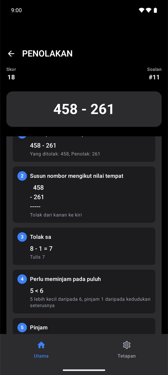 Penerangan langkah demi langkah bagi soalan tolak