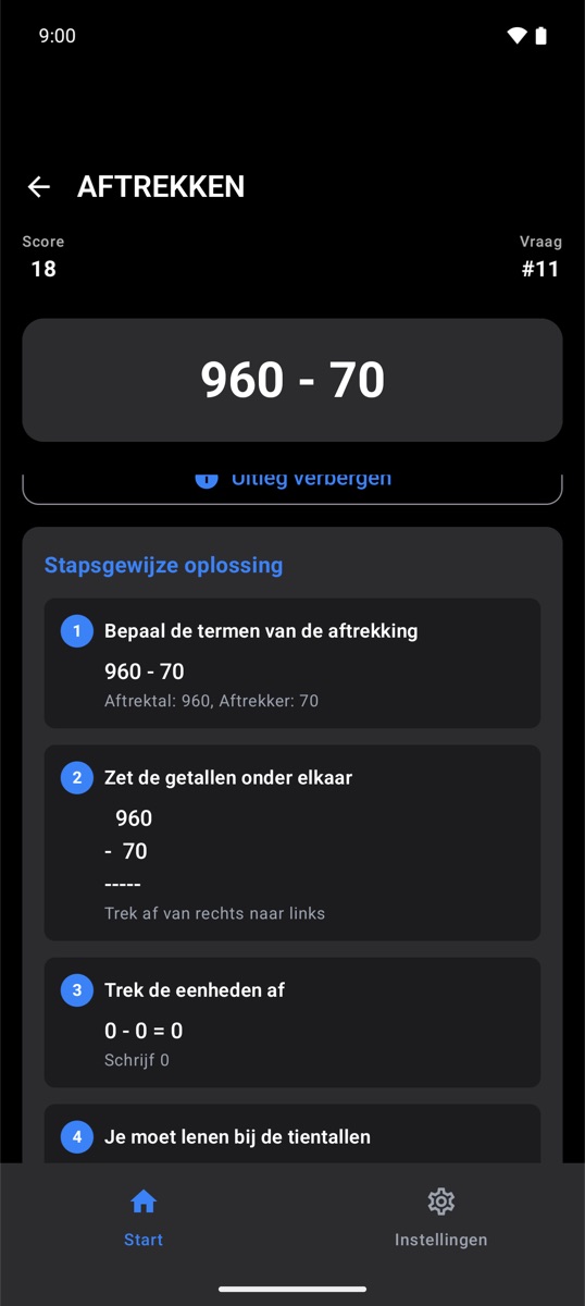 Stapsgewijze uitleg van een aftreksom