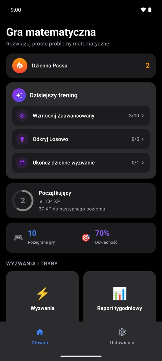 Ekran główny Trivia Math One z codzienną serią i dzisiejszym treningiem