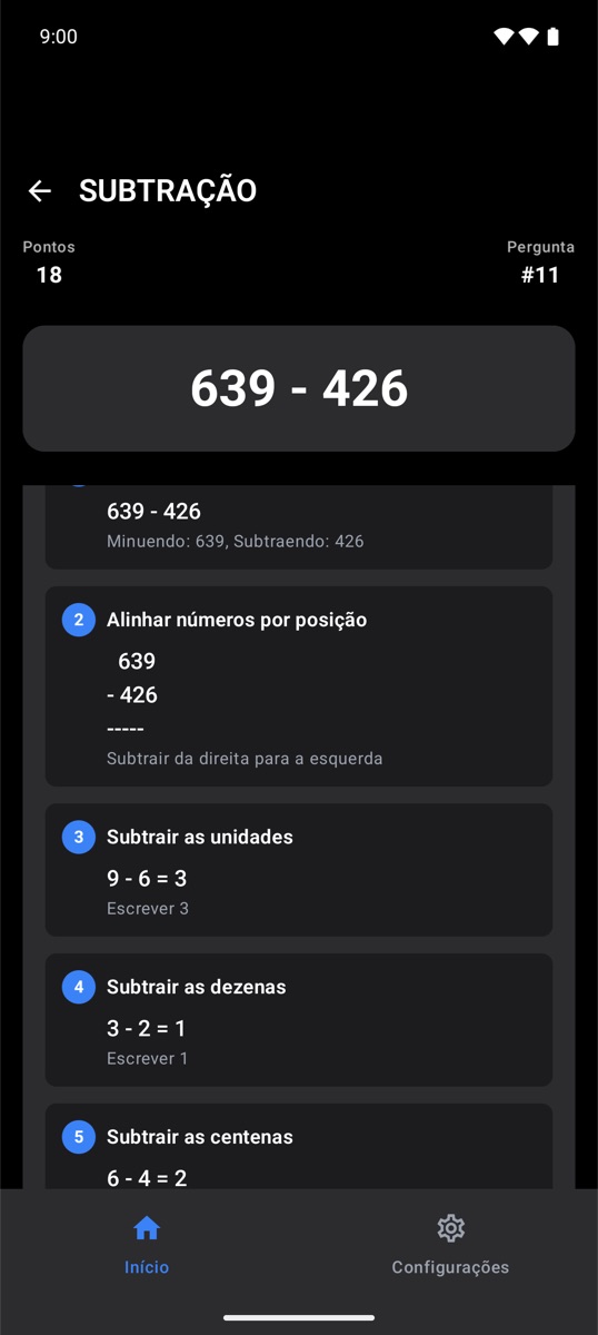 Explicação passo a passo de uma subtração