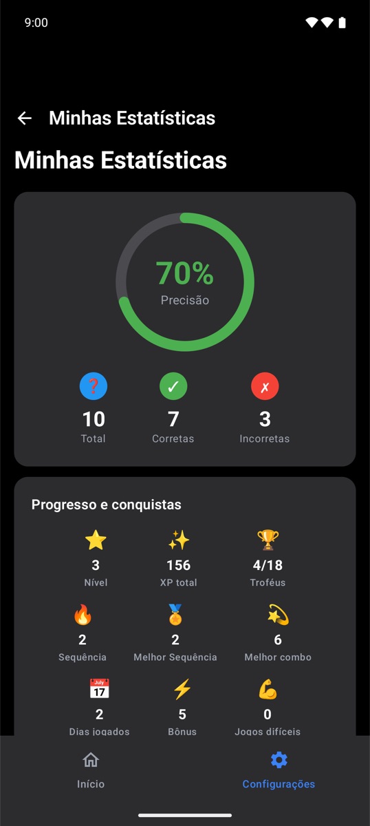 Estatísticas com precisão e conquistas