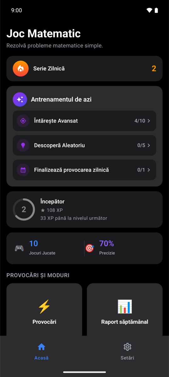Ecranul principal Trivia Math One cu seria zilnică și antrenamentul de azi