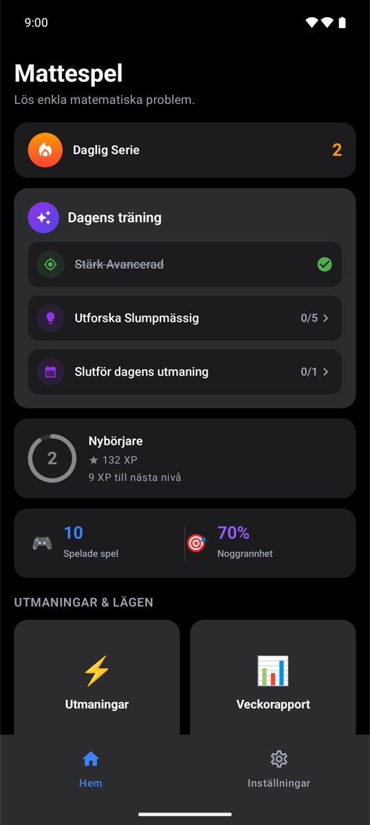Startskärmen i Trivia Math One med daglig svit och dagens träning
