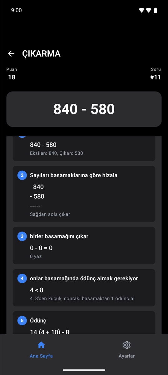 Bir çıkarma işleminin adım adım açıklaması