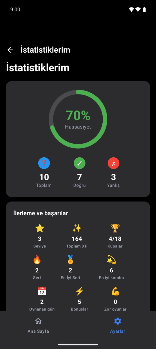 Doğruluk ve başarımları gösteren istatistikler